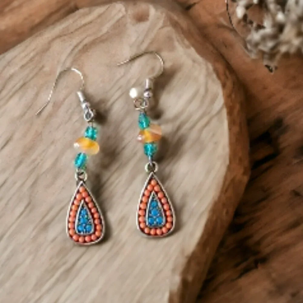 Southwest Style Crystal Silver Earrings - Hand Crafted - New